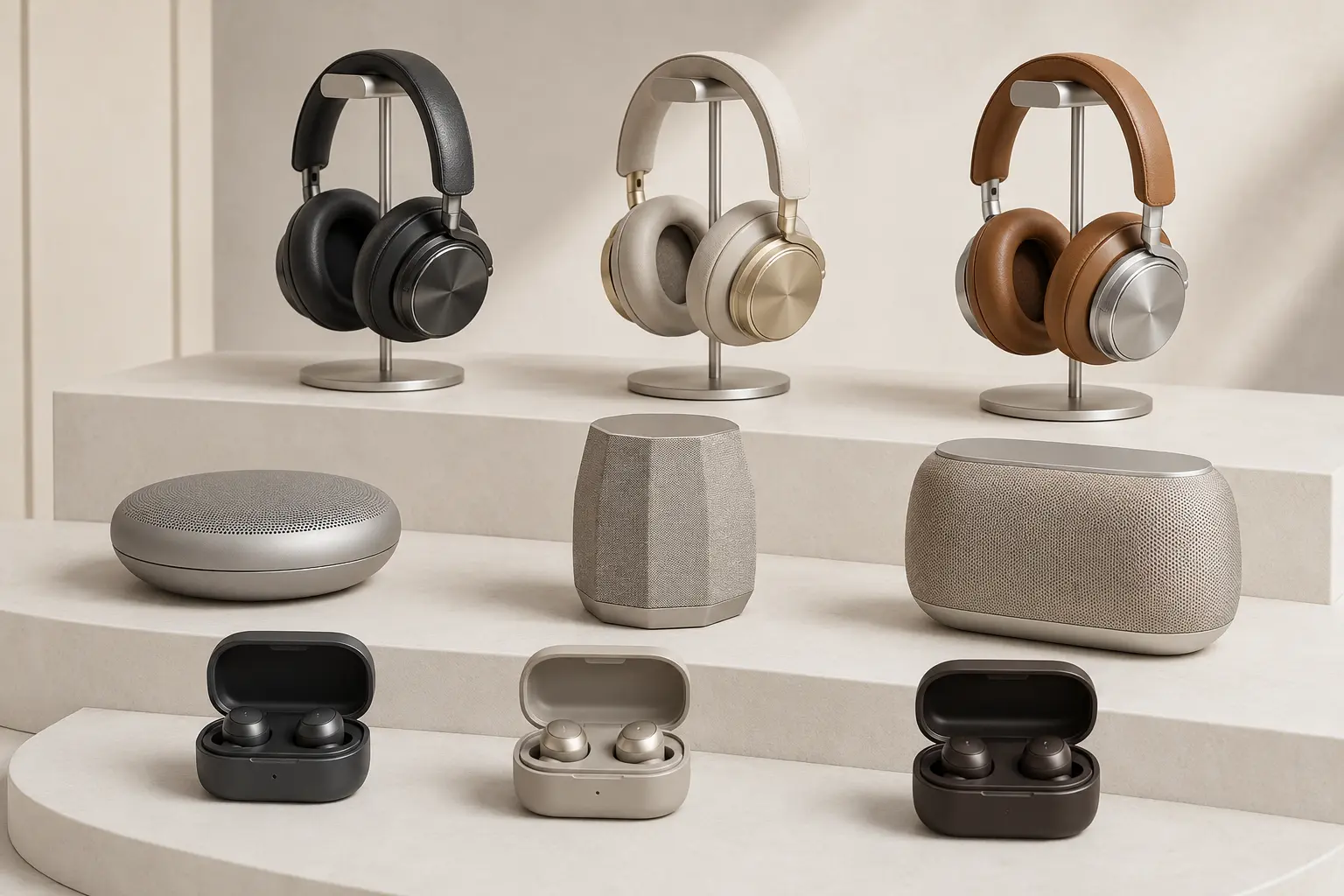 ภาพจำลองสินค้าแบบสมจริง หูฟัง Beoplay และลำโพงพกพา สำหรับรับซื้อ Bang & Olufsen สำหรับหน้ารับซื้อ Bang & Olufsen