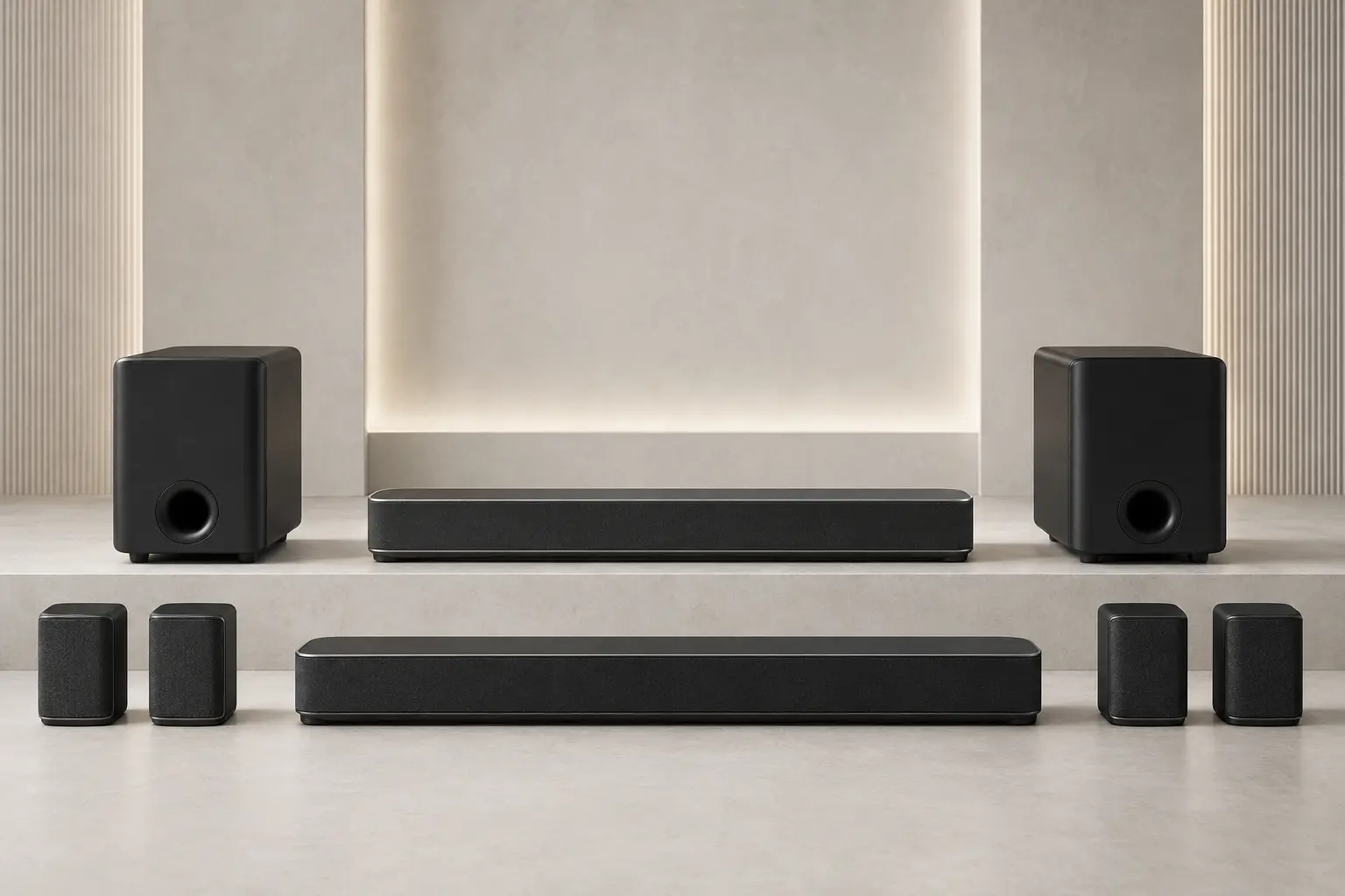 ภาพจำลองสินค้าแบบสมจริง Soundbar, Subwoofer และลำโพงรอบทิศ สำหรับรับซื้อ Sonos สำหรับหน้ารับซื้อ Sonos