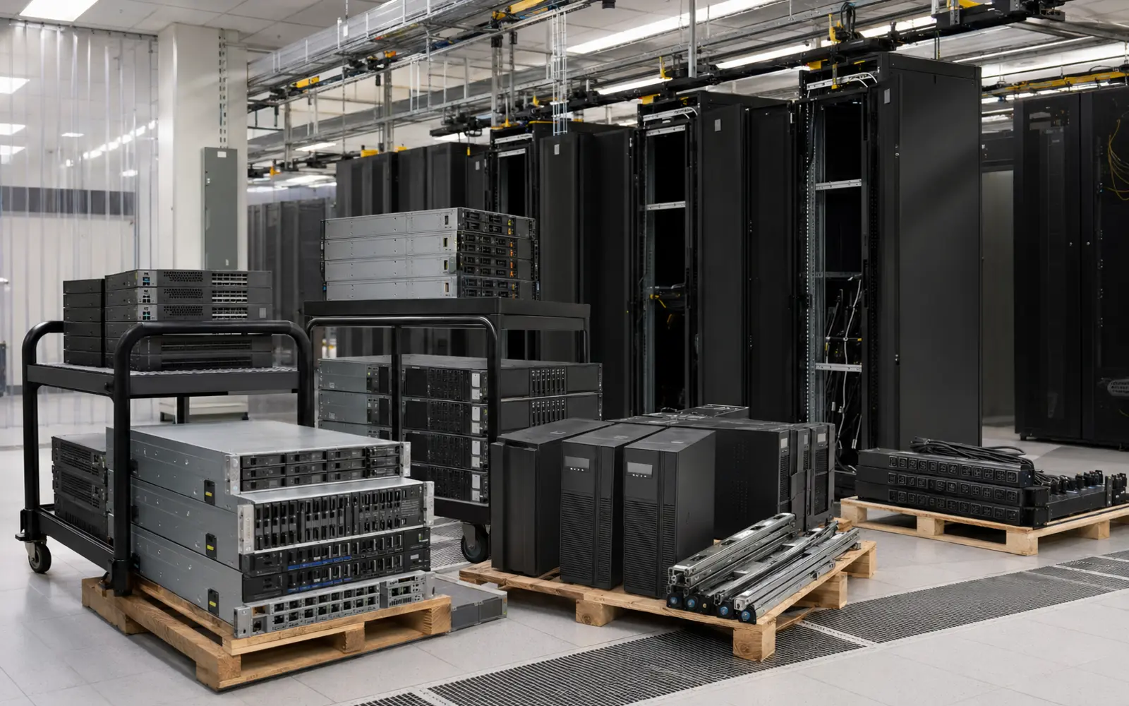 ภาพสมจริง Server Storage Network และ UPS จัดเรียงสำหรับงาน Decommission สำหรับหน้ารับซื้อ อุปกรณ์ Data Center ยกล็อต