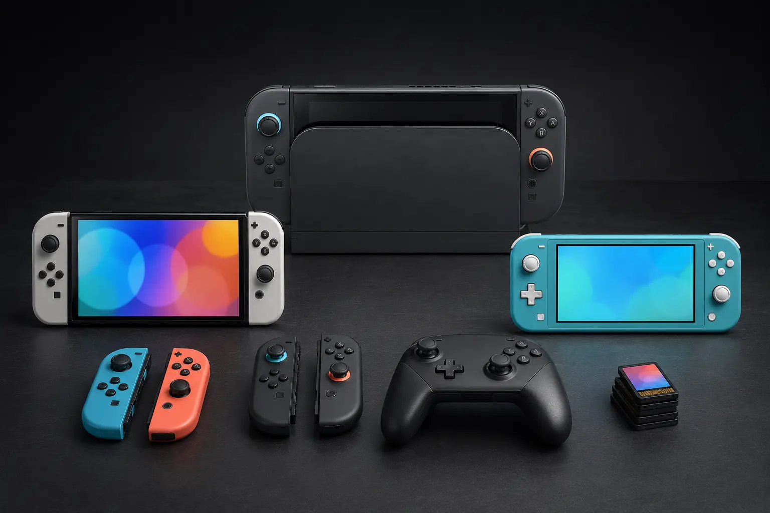 ภาพจำลองสมจริง Nintendo Switch 2, Switch OLED, Switch Lite และ Controller กลุ่ม Nintendo