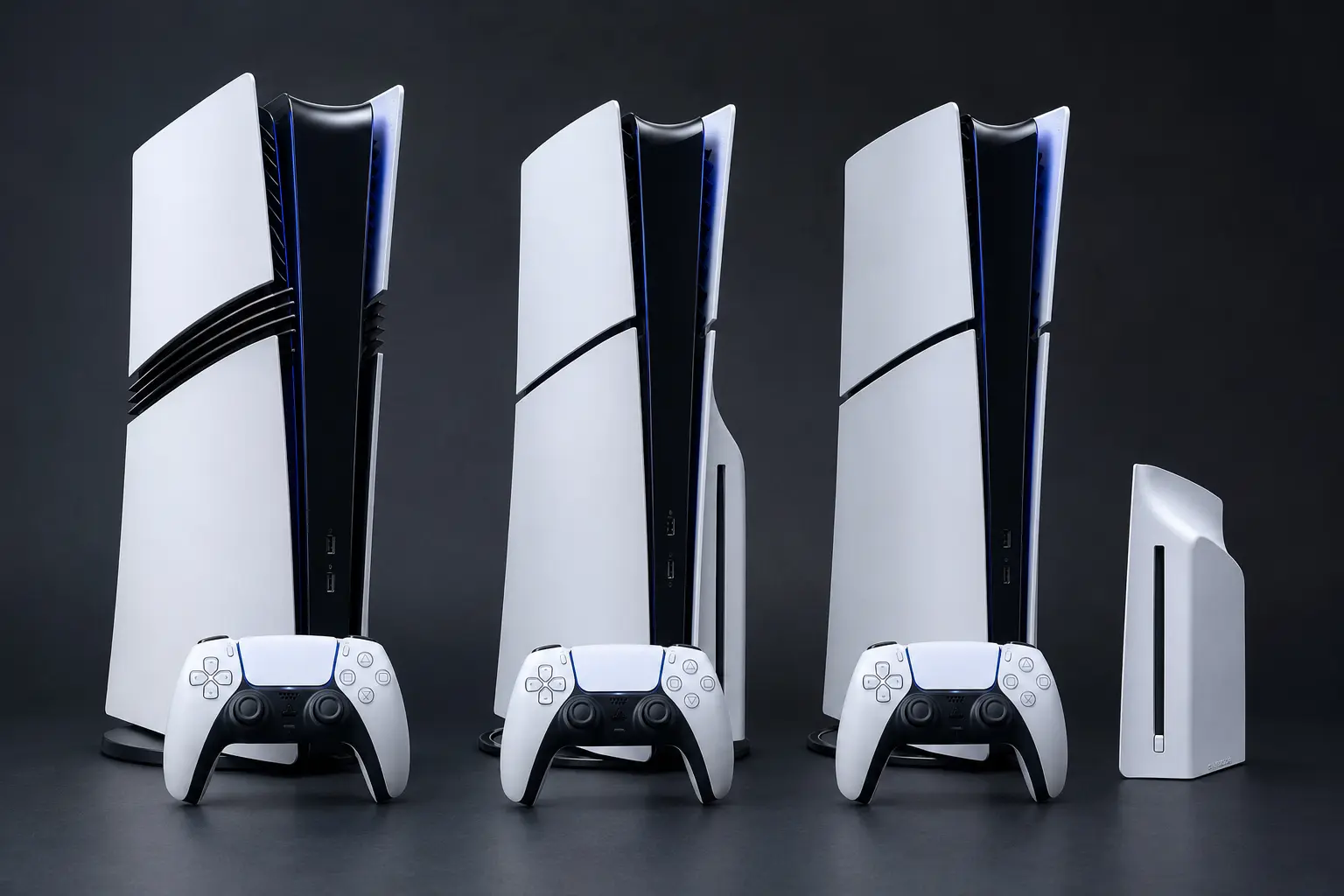ภาพจำลองสมจริง PS5 Pro, PS5 Slim และ DualSense หลายรุ่น กลุ่ม PlayStation