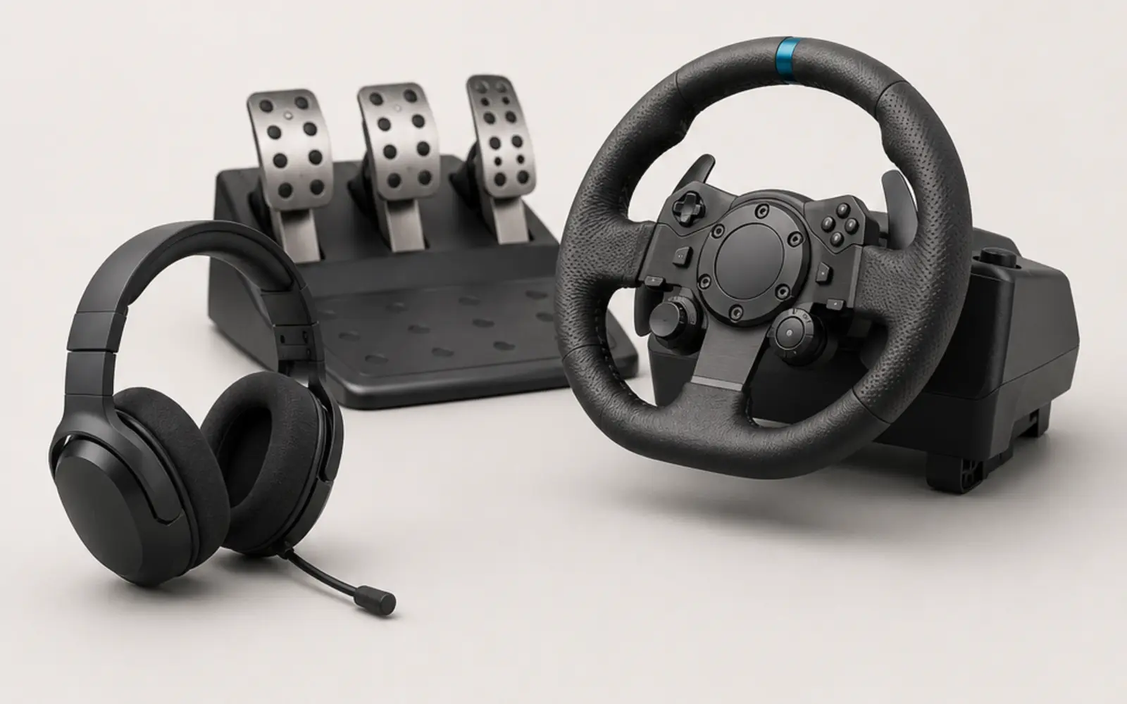 ภาพจำลองสินค้าแบบสมจริงหูฟังและชุดพวงมาลัยเกม Logitech G จัดวางเต็มสัดส่วน สำหรับหน้ารับซื้อ Logitech G