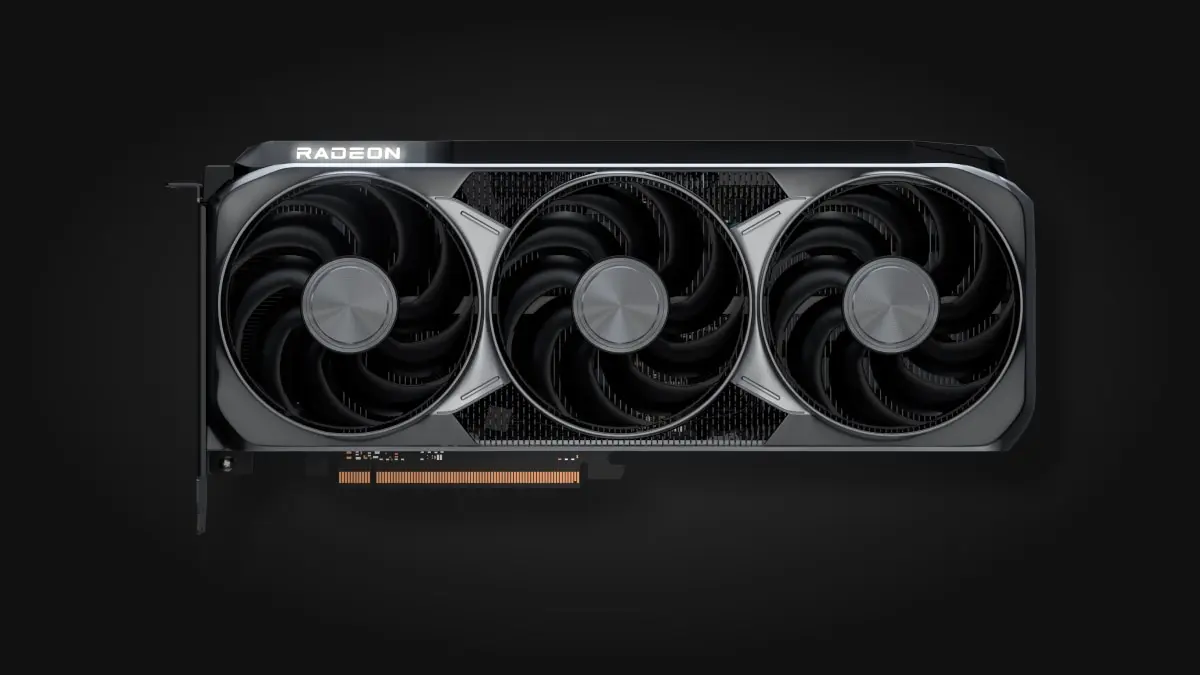 AMD Radeon RX 9070 XT รุ่นเรือธง RX 9000 Series บนพื้นหลังสีดำ สำหรับหน้ารับซื้อ AMD Radeon