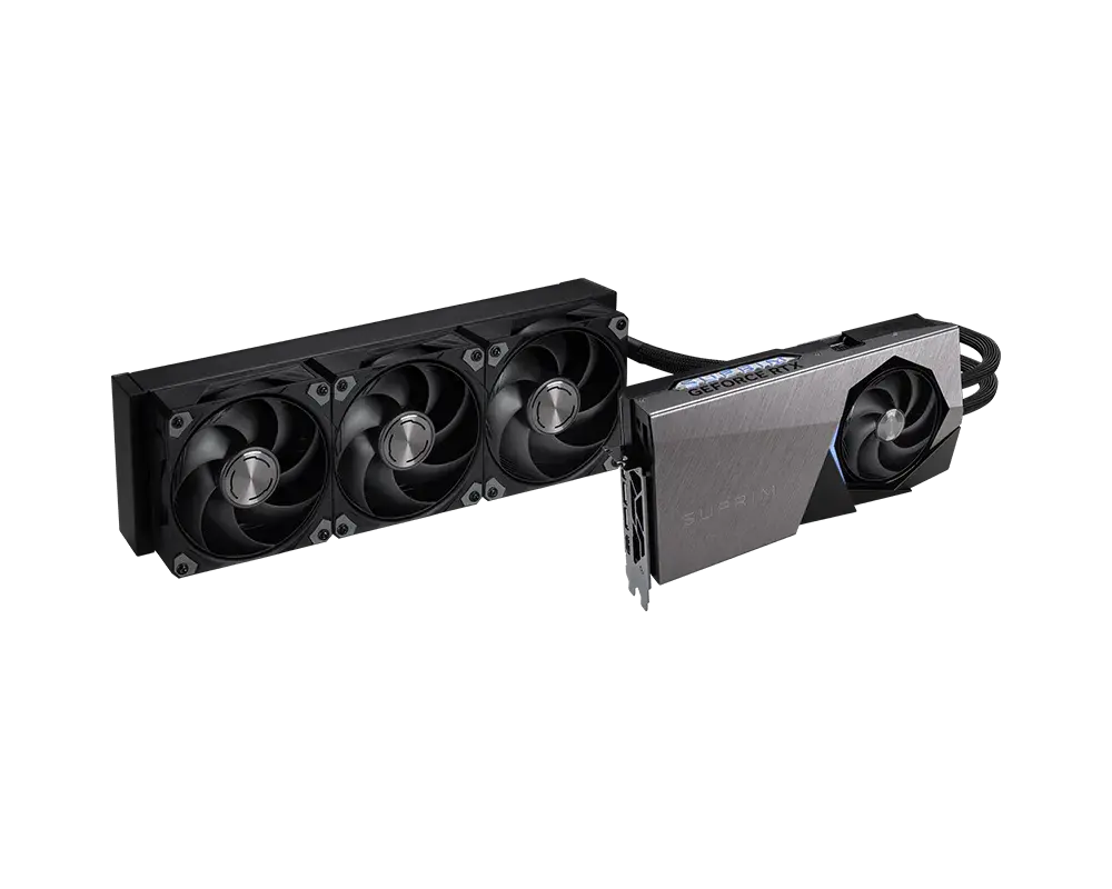 MSI GeForce RTX 5090 SUPRIM LIQUID SOC รุ่นเรือธง มุมตัวการ์ด สำหรับหน้ารับซื้อ MSI