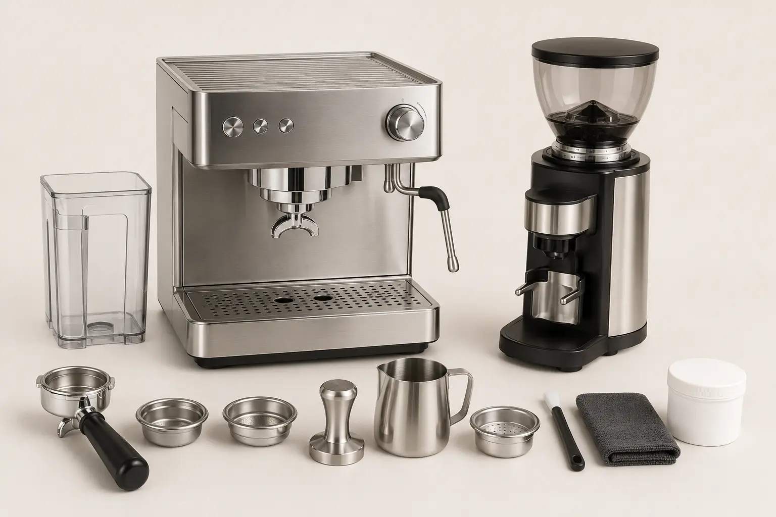 ภาพจำลองสมจริงเครื่องชงกาแฟพร้อม Milk System Portafilter และอุปกรณ์ สำหรับหน้ารับซื้อ เครื่องชงกาแฟ