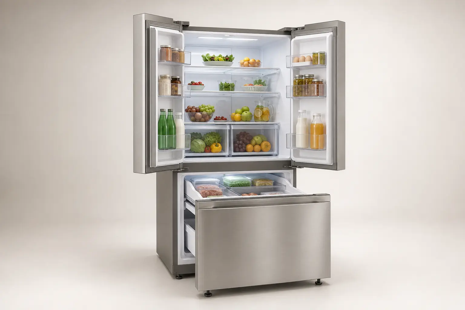 ภาพจำลองสมจริงตู้เย็น Multi Door เปิดให้เห็นชั้นวางและช่องแช่แข็ง สำหรับหน้ารับซื้อ ตู้เย็น