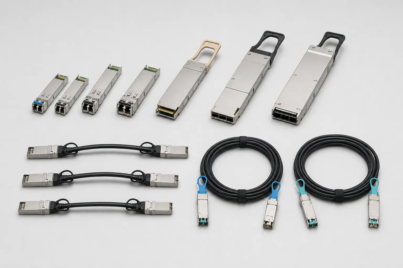 ภาพจำลองสมจริง Optical Module, DAC และ AOC หลาย Form Factor สำหรับหน้ารับซื้อ Fiber Optic / Network Module