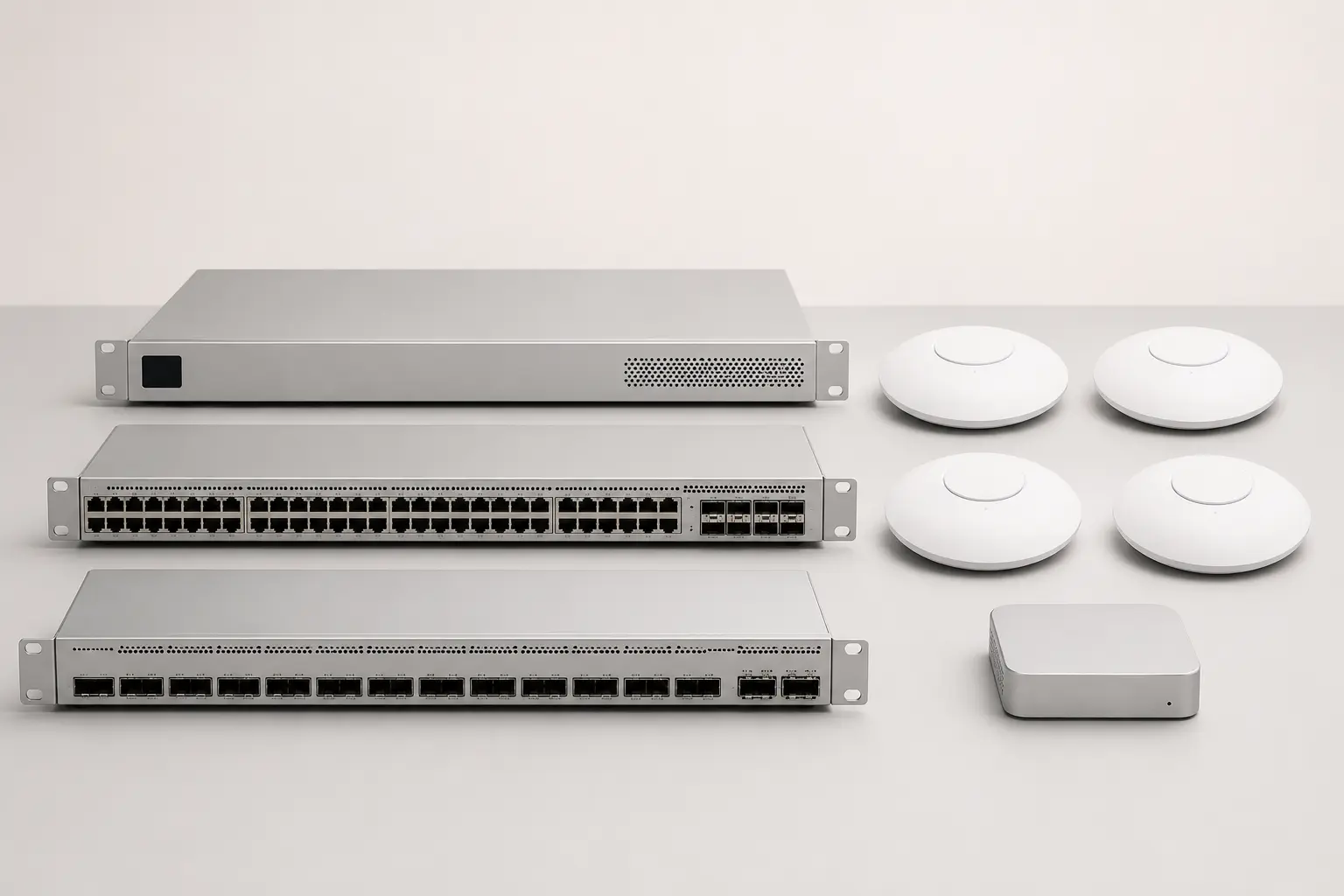 ภาพจำลองสมจริงชุด UniFi Enterprise Switch, Gateway, AP และ Controller สำหรับหน้ารับซื้อ Ubiquiti UniFi Enterprise