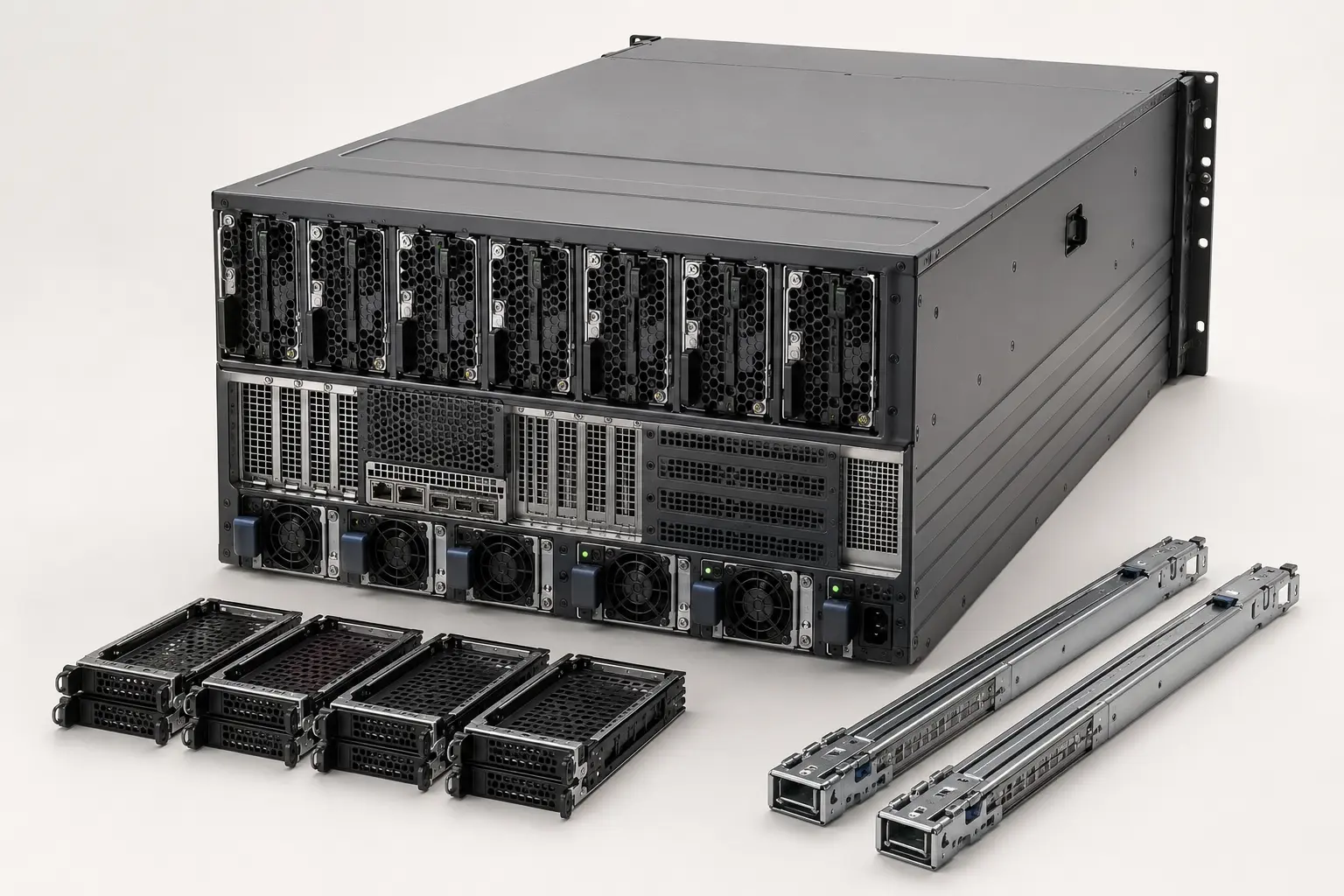 ภาพจำลองสมจริง Supermicro Server ด้านหลังพร้อม GPU PSU และ Drive Tray สำหรับหน้ารับซื้อ Supermicro Server