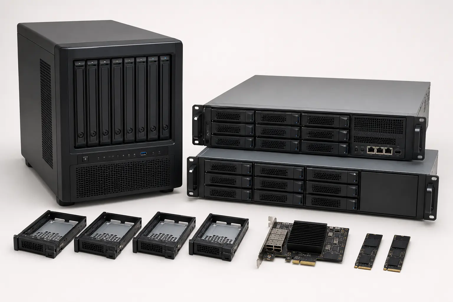 ภาพจำลองสมจริง NAS, Expansion Unit, Tray และ Network Module สำหรับหน้ารับซื้อ Synology NAS