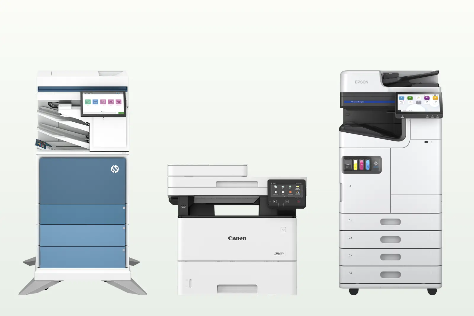 เครื่องพิมพ์สำนักงานและมัลติฟังก์ชันจริง HP Canon และ Epson จัดวางเห็นตัวเครื่องครบ